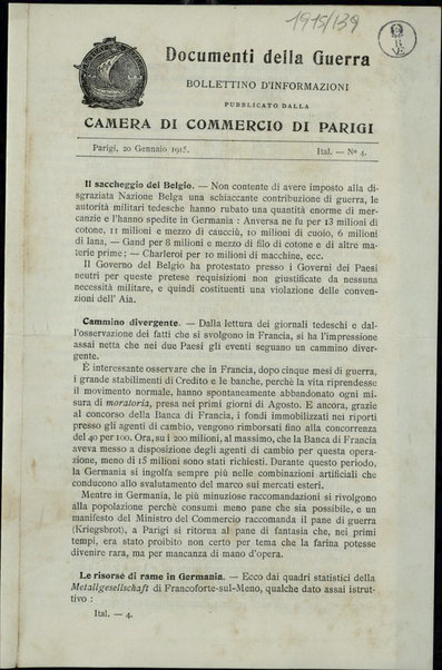 Documenti della guerra : bollettino d'informazioni pubblicato dalla Camera di commercio di Parigi